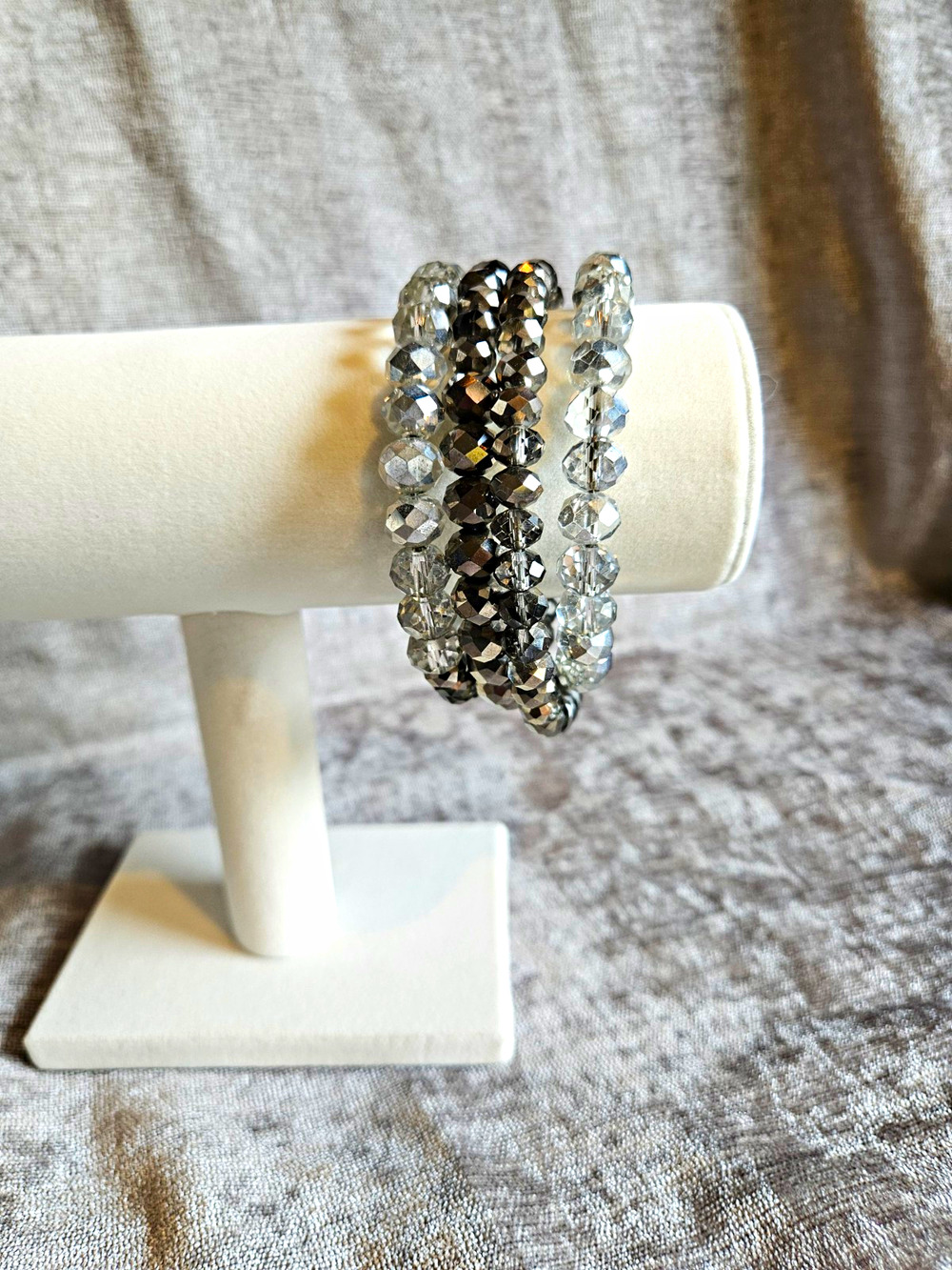 Silver Gray Faceted Crystal Beaded Stretch Stackable Multi-Strand Wrap Bracelet